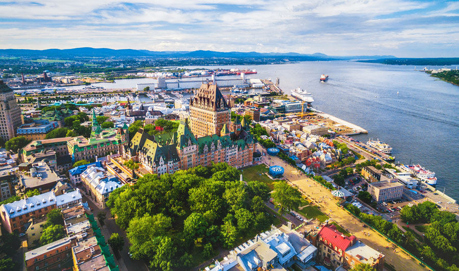Aerial view of famous Chateau Frontenac hotel in Old Quebec City, Canada